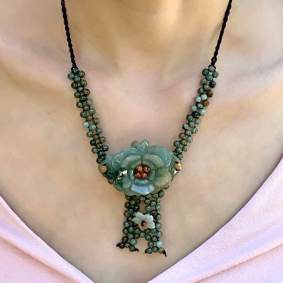 Rose Flower with Abundance of Beads Handmade Jade Necklace Pendant - Picture 3 of 3